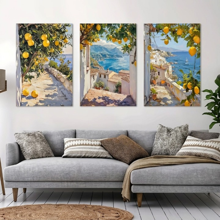 Set of 3 Vintage Mediterranean Coastal Lemon Tree Scenery Painting Wall Art Frames for Modern Home Decor Size 8x11 Inches Each with Double Sided Tape