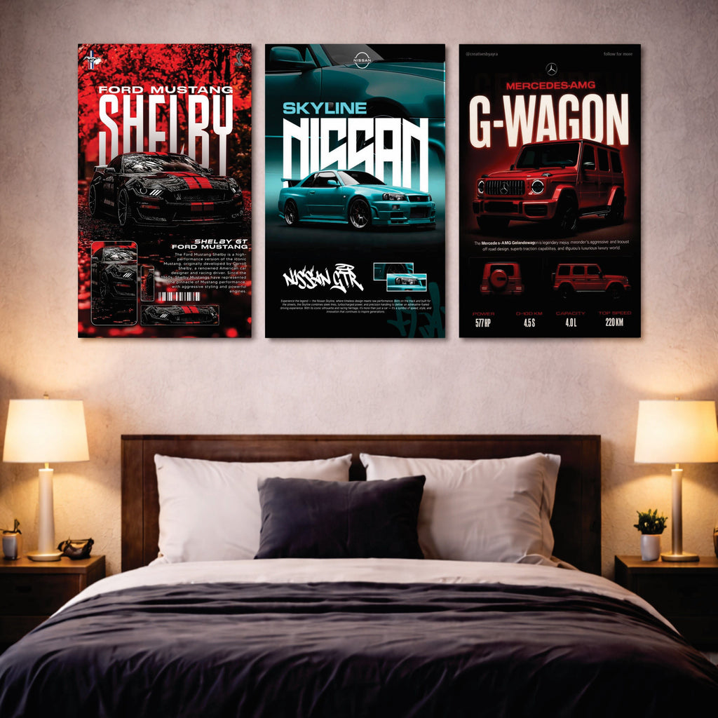Set of 3 Premium Car Wall Art Photo Tiles – Modern Home Decor Sets 8x11
